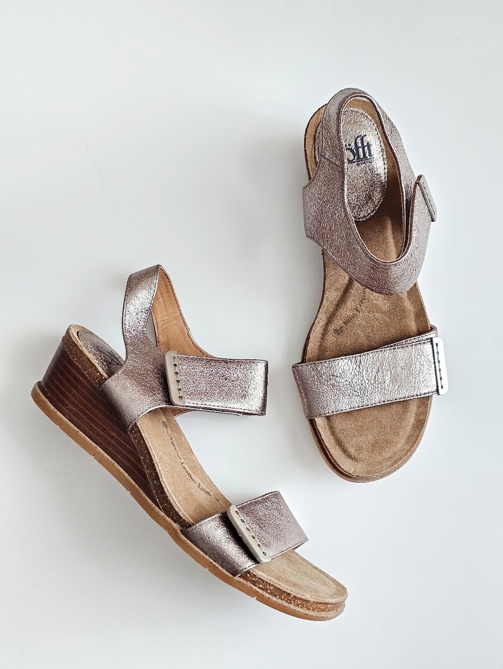 Sofft Verdi II Dark Pewter Leather Stacked Wedge Sandals Size 9M